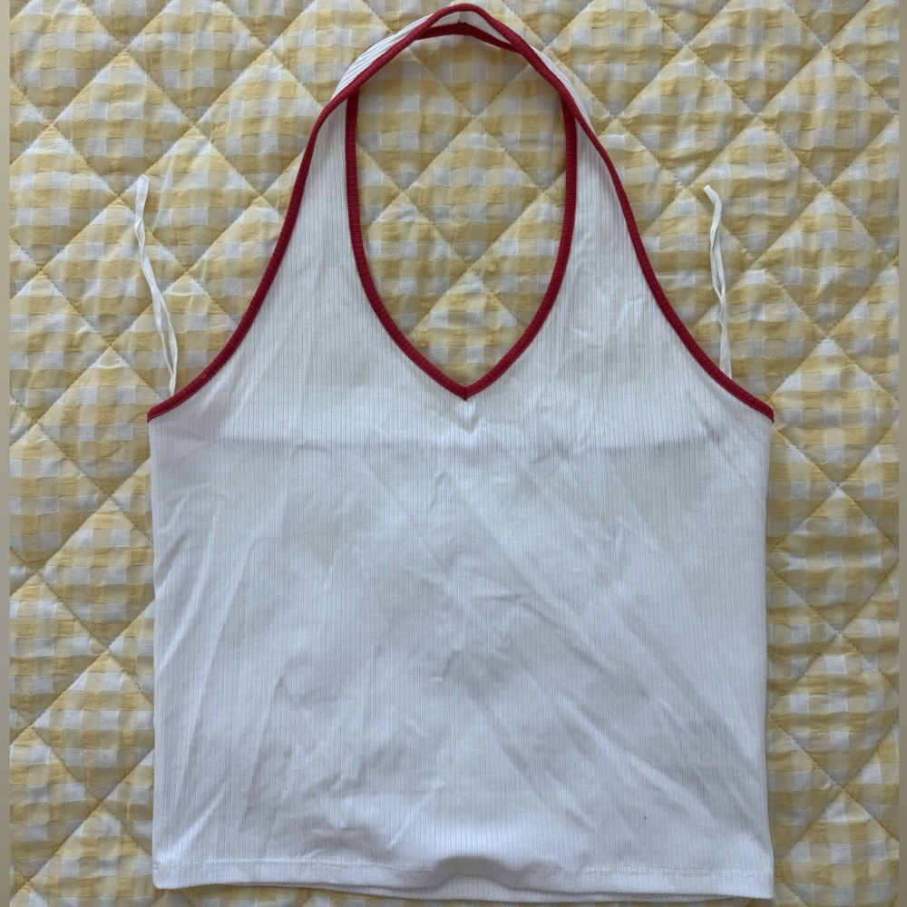 American Eagle White and Red Halter Top Large